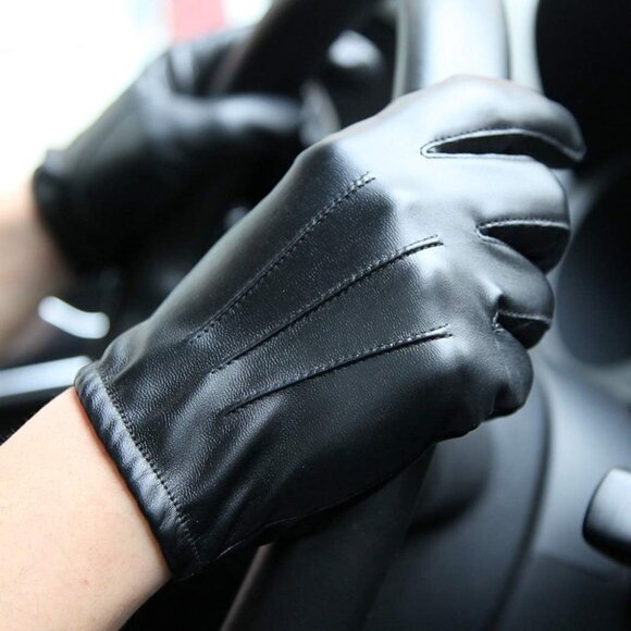 Men's  Black Long Keeper Leather Touchscreen Winter Driving Warm Wrist Gloves - Picture 4 of 7